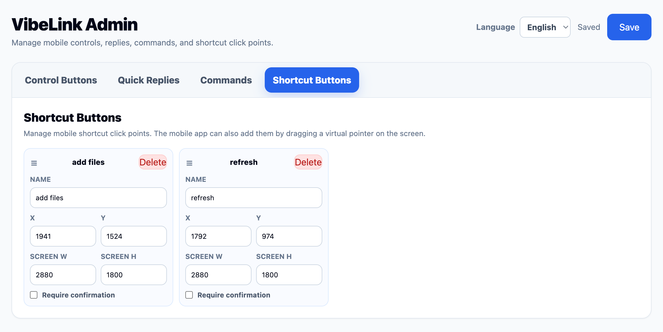 Shortcuts screen
